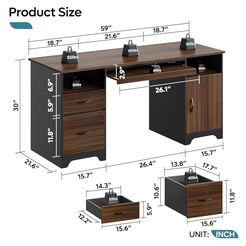 Bestier 59" Executive Desk with 2 Drawers and Storage Cabinet, Cherry J4872