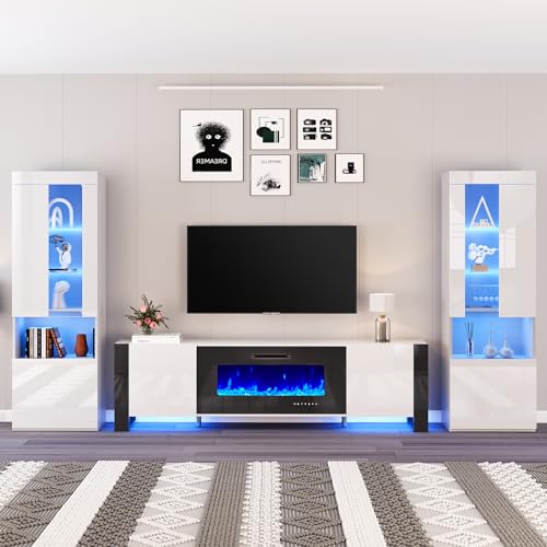 AMERLIFE Entertainment Center with 36" Fireplace and 2 Bookshelves, Includes TV Stand for TVs Up to 80in, Modern LED Lights TV Console for Living Room