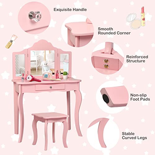 HONEY JOY Kids Vanity Set with Mirror and Stool, White L306