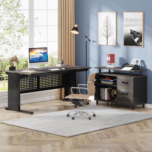 Tribesigns 63 Inch Executive Desk with File Cabinet, L Shaped Computer Desk, Gray and Black I266197