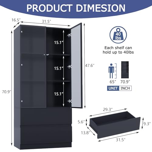 Glass Display Cabinet with LED Lights and 3-Tier Shelves Y843