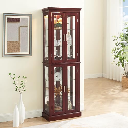 Lighted Corner Curio Cabinet with Adjustable Shelves & Mirrored Back V278