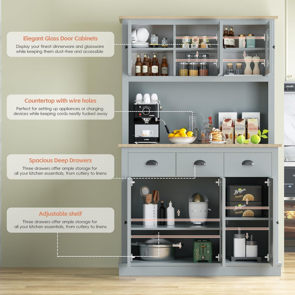 MU 71" Kitchen Hutch Storage Cabinet with Countertop, Grey U89791