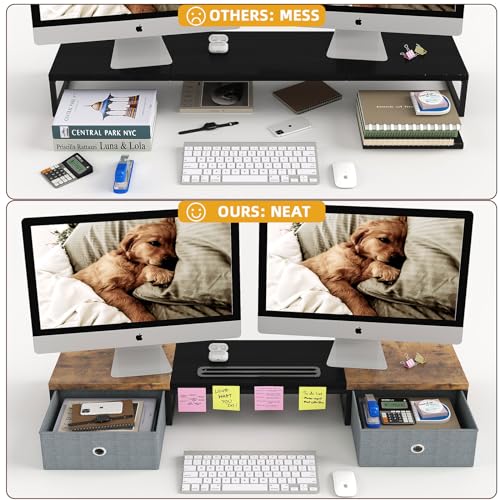 Dual Monitor Stand Riser with 2 Drawers, 39Inch Wooden Desktop Organizer, White R953128