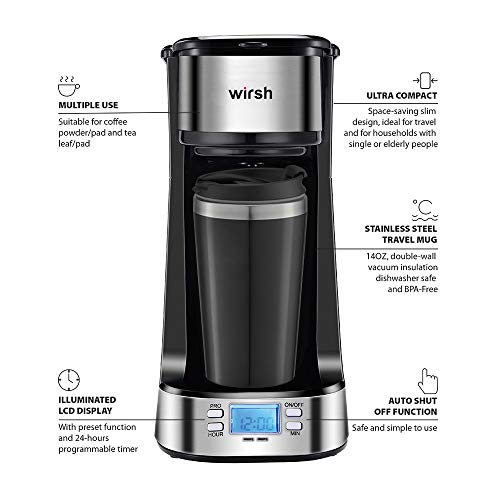wirsh Single Serve Coffee Maker with Programmable Timer, Black Y3613