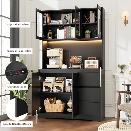 71" Kitchen Pantry Cabinet with LED Lights and Charging Station, Modern Storage and Microwave Stand Q6248