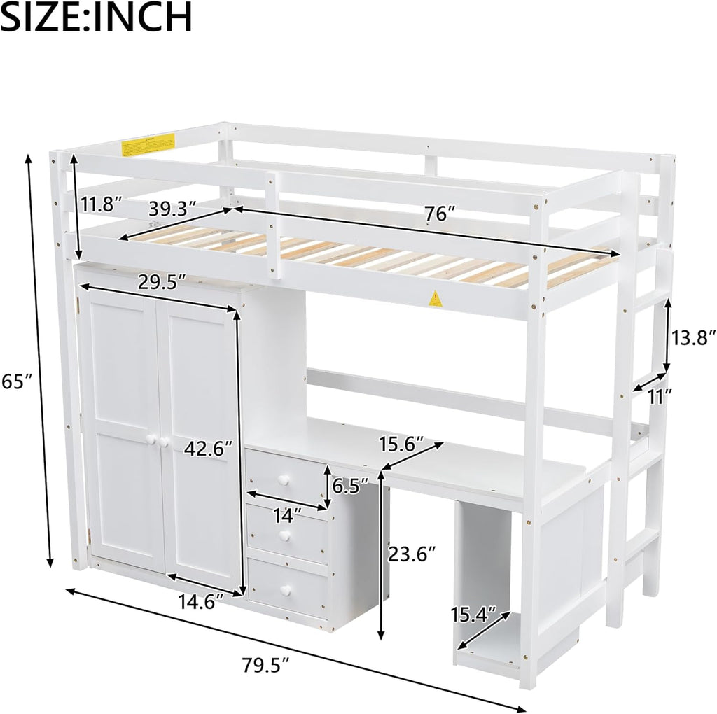 Twin Size Wood Loft Bed with Wardrobe, Desk and Storage Drawers, White H6245