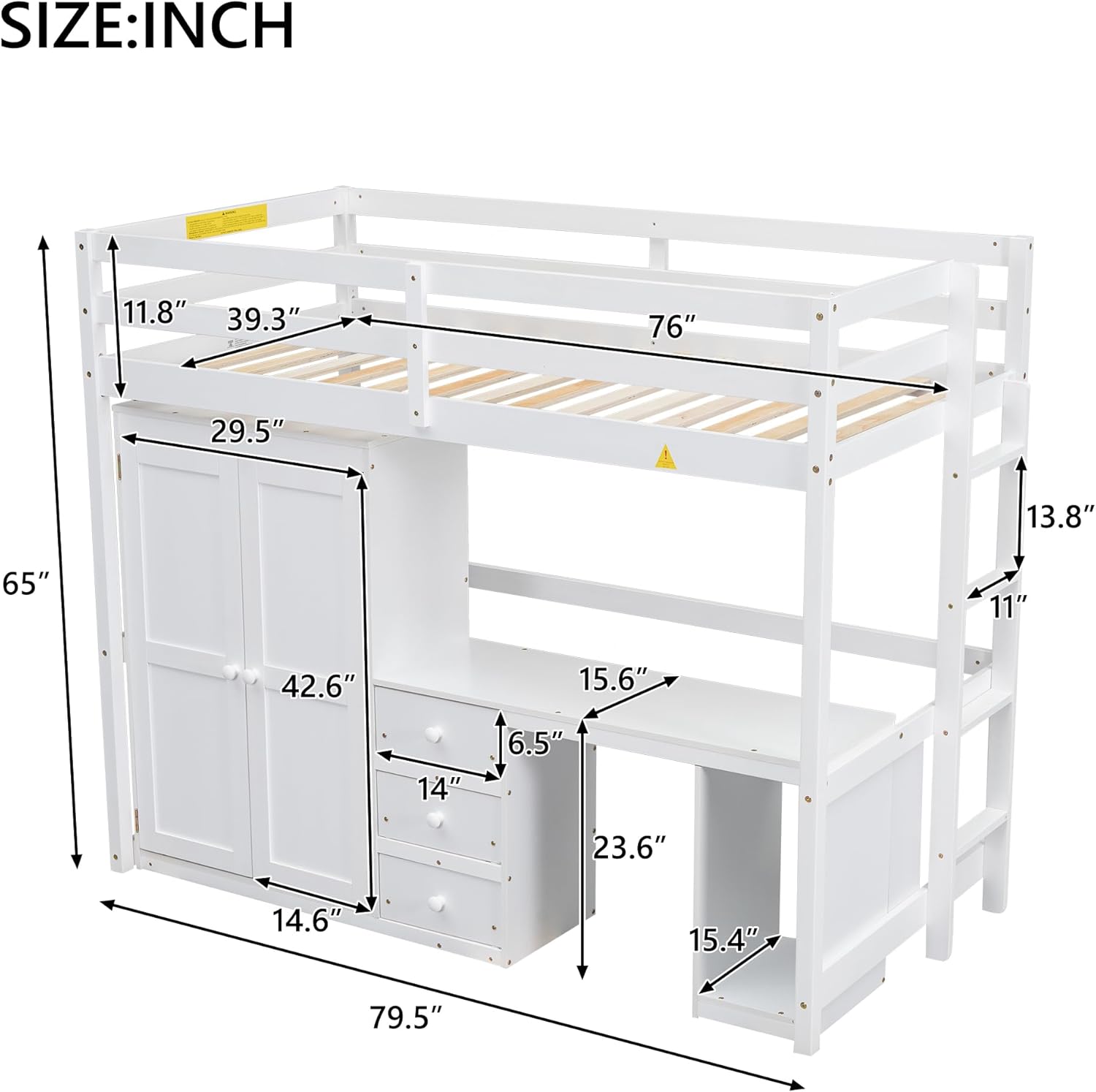 Twin Size Wood Loft Bed with Wardrobe, Desk and Storage Drawers, White H6245