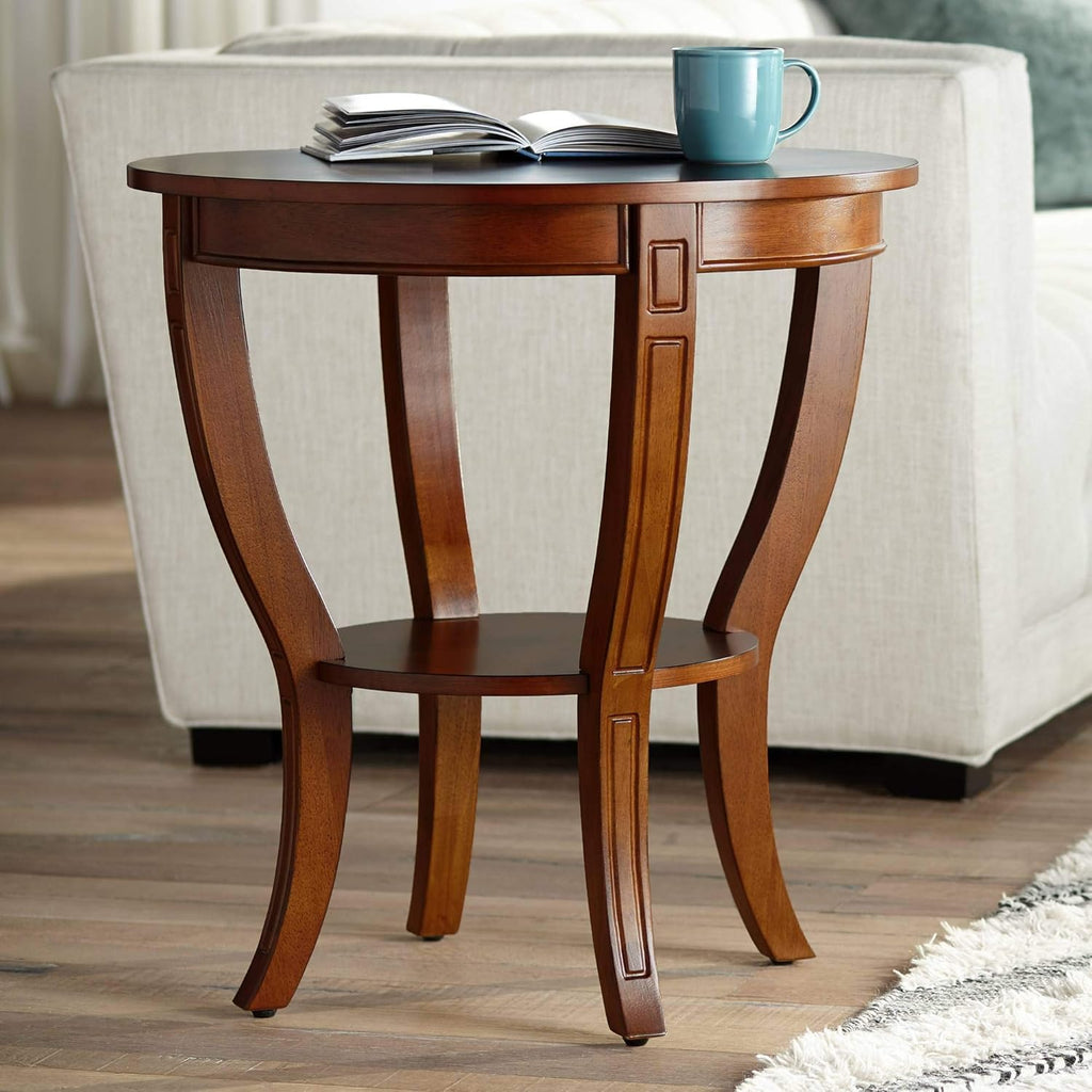 Patterson II Farmhouse Rustic Cherry Wood Round Accent Side End Table 26" Wide Natural Grain Curving Legs for Spaces Living Room Home House Entryway Balcony Bedroom Office