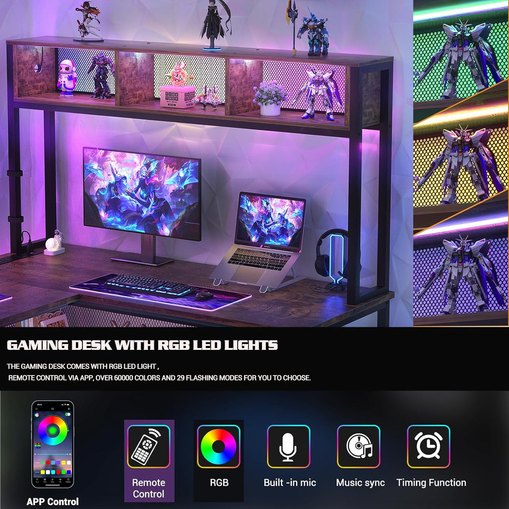 Aheaplus L Shaped Gaming Desk with LED Lights & Power Outlets, 55 Inch, Rustic Brown R818