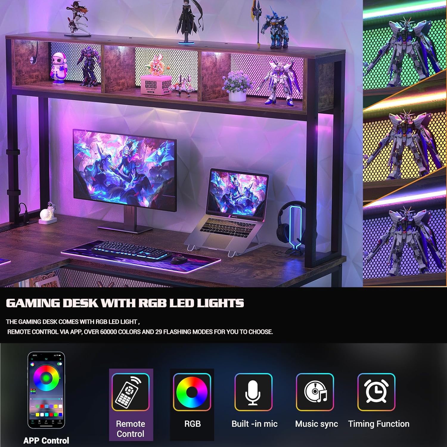 Aheaplus L Shaped Gaming Desk with LED Lights & Power Outlets, 55 Inch, Rustic Brown R818