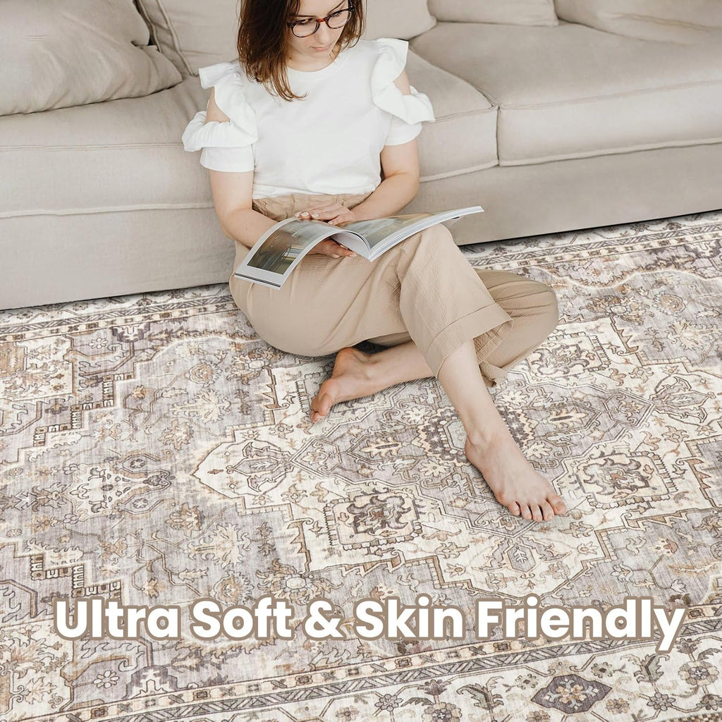 Washable Area Rug 8x10 Neutral Vintage Floral for Living Room X83094