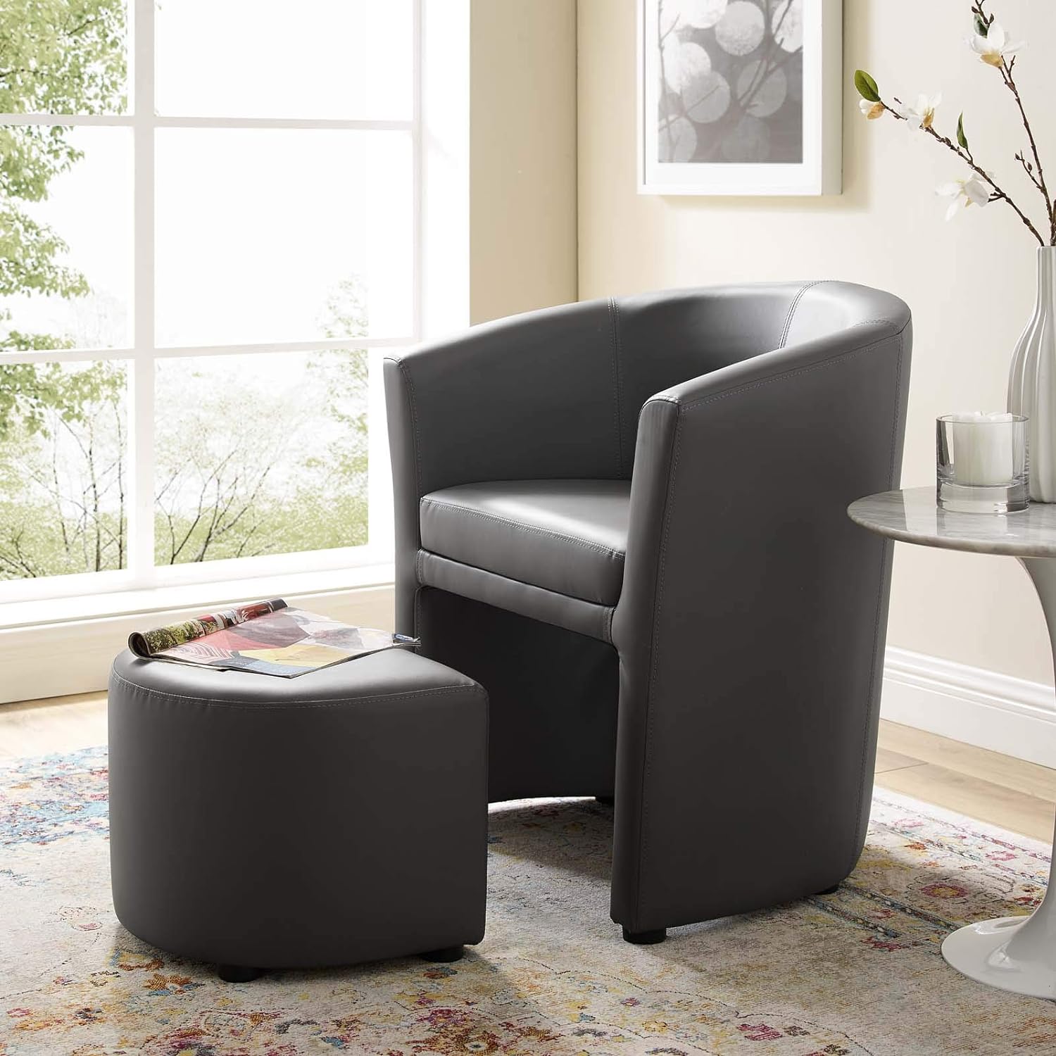 Divulge Faux Leather Armchair and Ottoman Set in Gray Q775