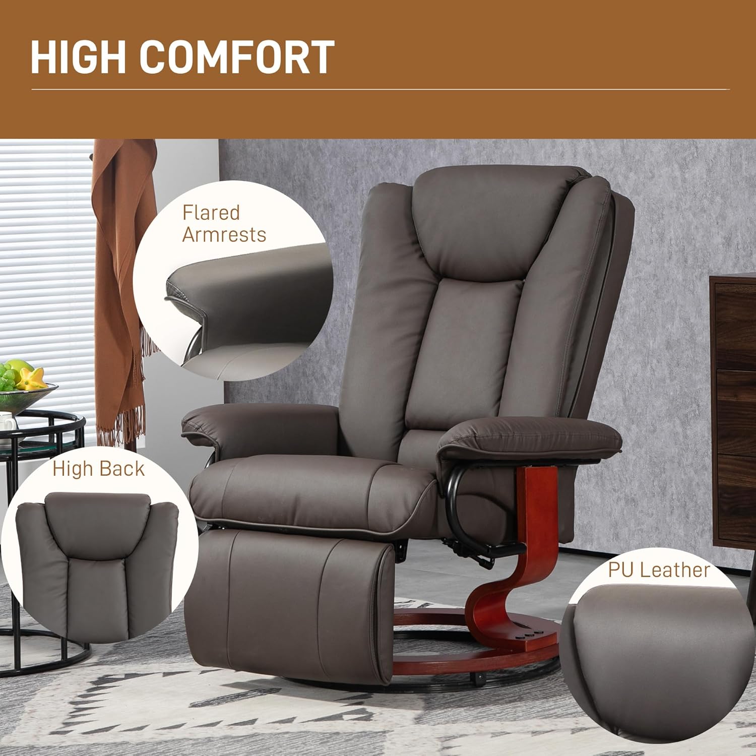 HOMCOM Manual Swivel Recliner Chair, PU Leather with Footrest, Brown X2880