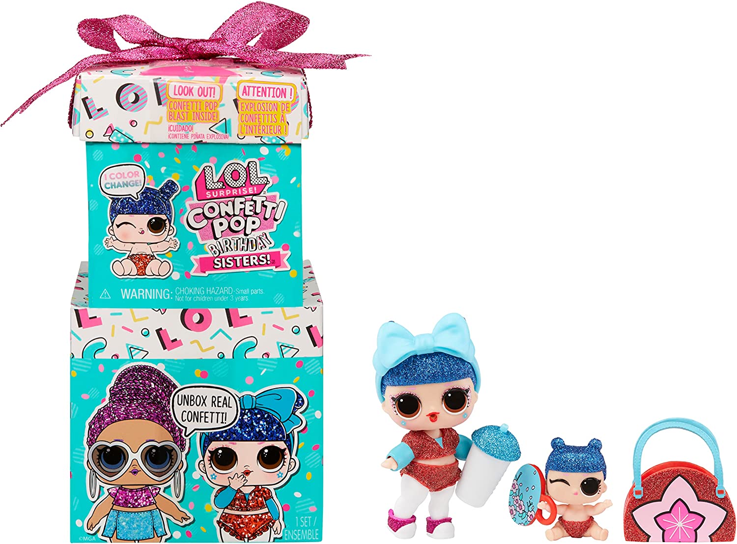 LOL Surprise! Confetti Pop Birthday Sisters- with collectible doll, Lil Sister, 10 surprises, confetti surprise unboxing, accessories, limited edition doll, present box packaging- Great gift for Girls