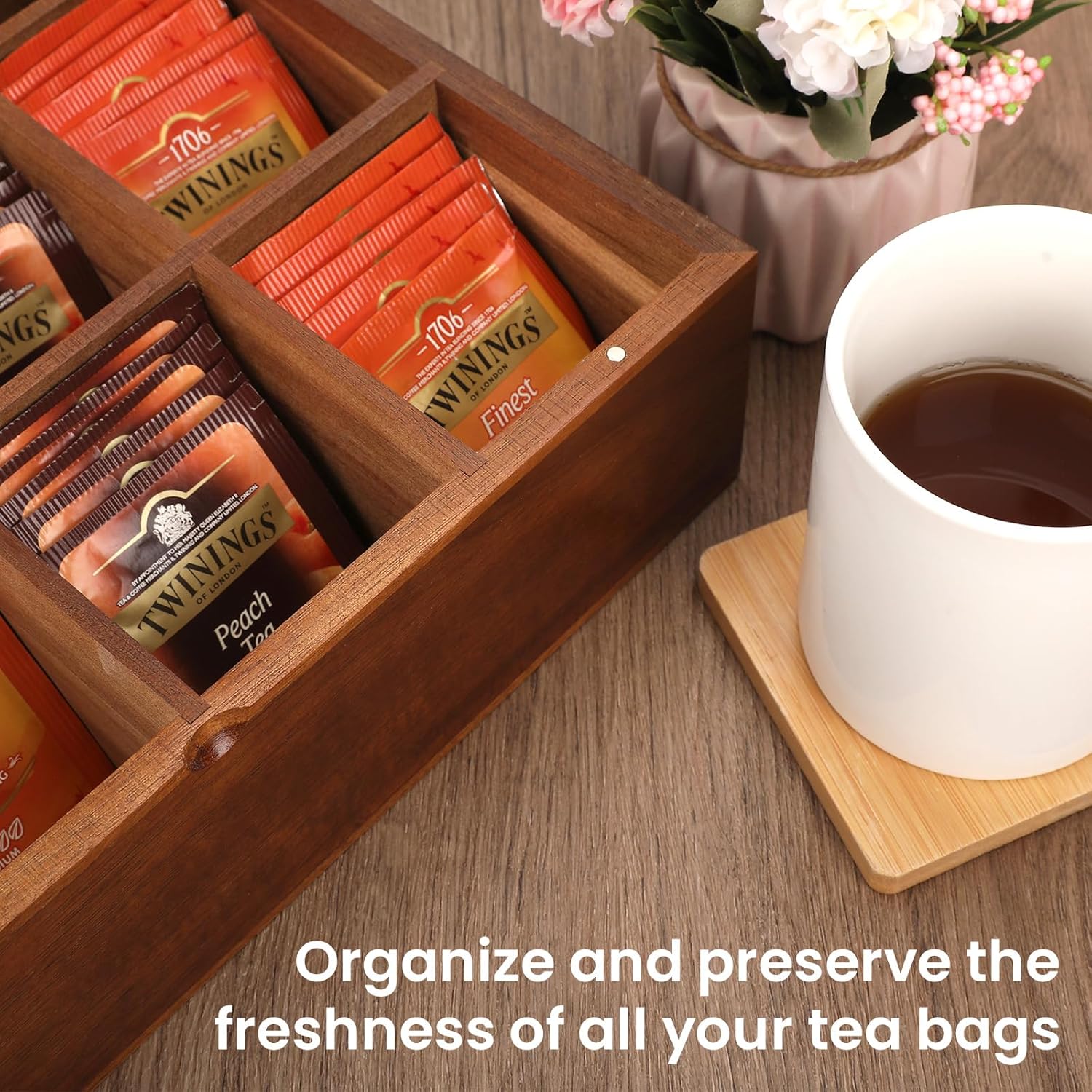 Acacia Wooden Tea Bag Organizer with Clear Acrylic Top and Magnetic Lid E50076