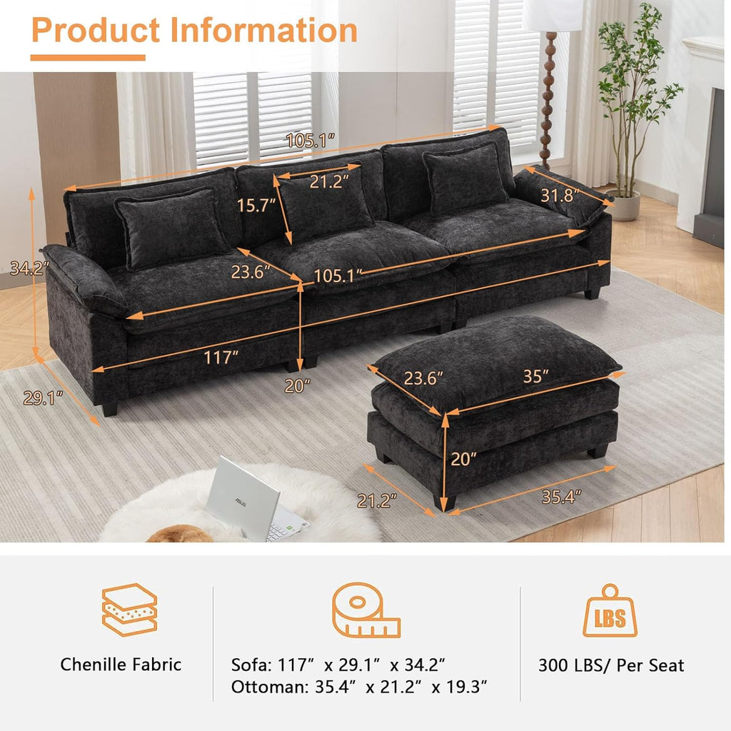 IPKIG 117" Sectional Sofa, Chenille L-Shaped Couch with Ottoman, Black L64376