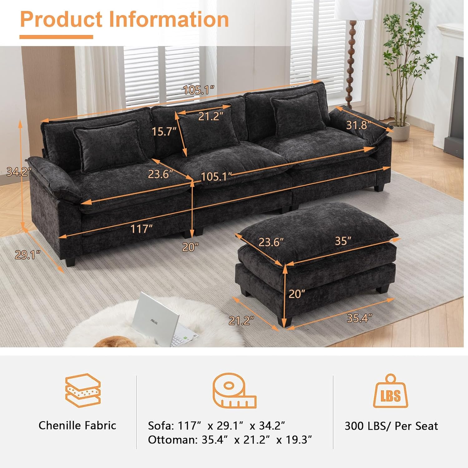 IPKIG 117" Sectional Sofa, Chenille L-Shaped Couch with Ottoman, Black L64376