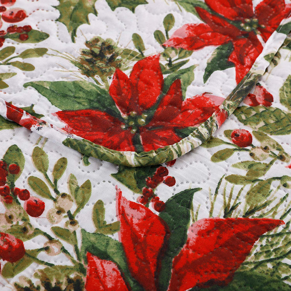 Christmas Quilt Set King Size Poinsettia Floral Bedspread Coverlet with Pillow Shams D24015
