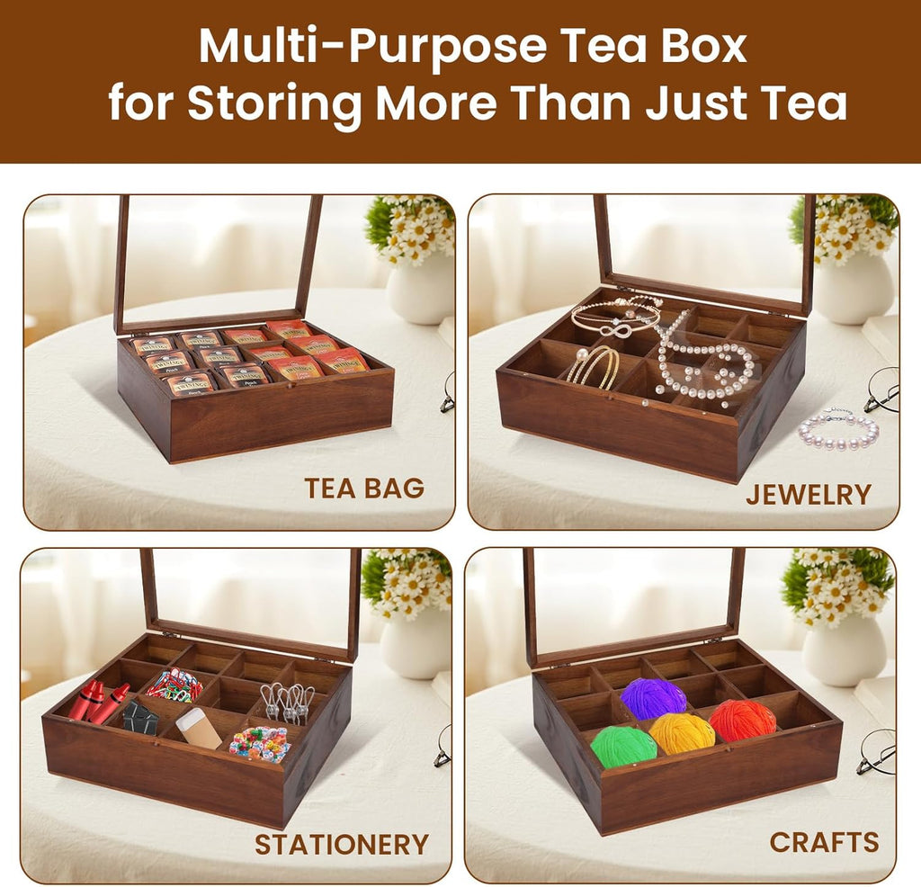 Acacia Wooden Tea Bag Organizer with Clear Acrylic Top and Magnetic Lid E50076