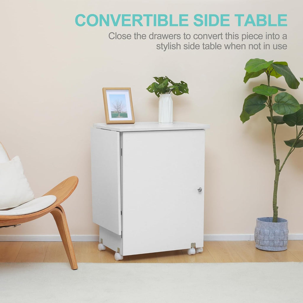 Folding Sewing Table with 3 Storage Shelves and Lockable Casters (White) C3044