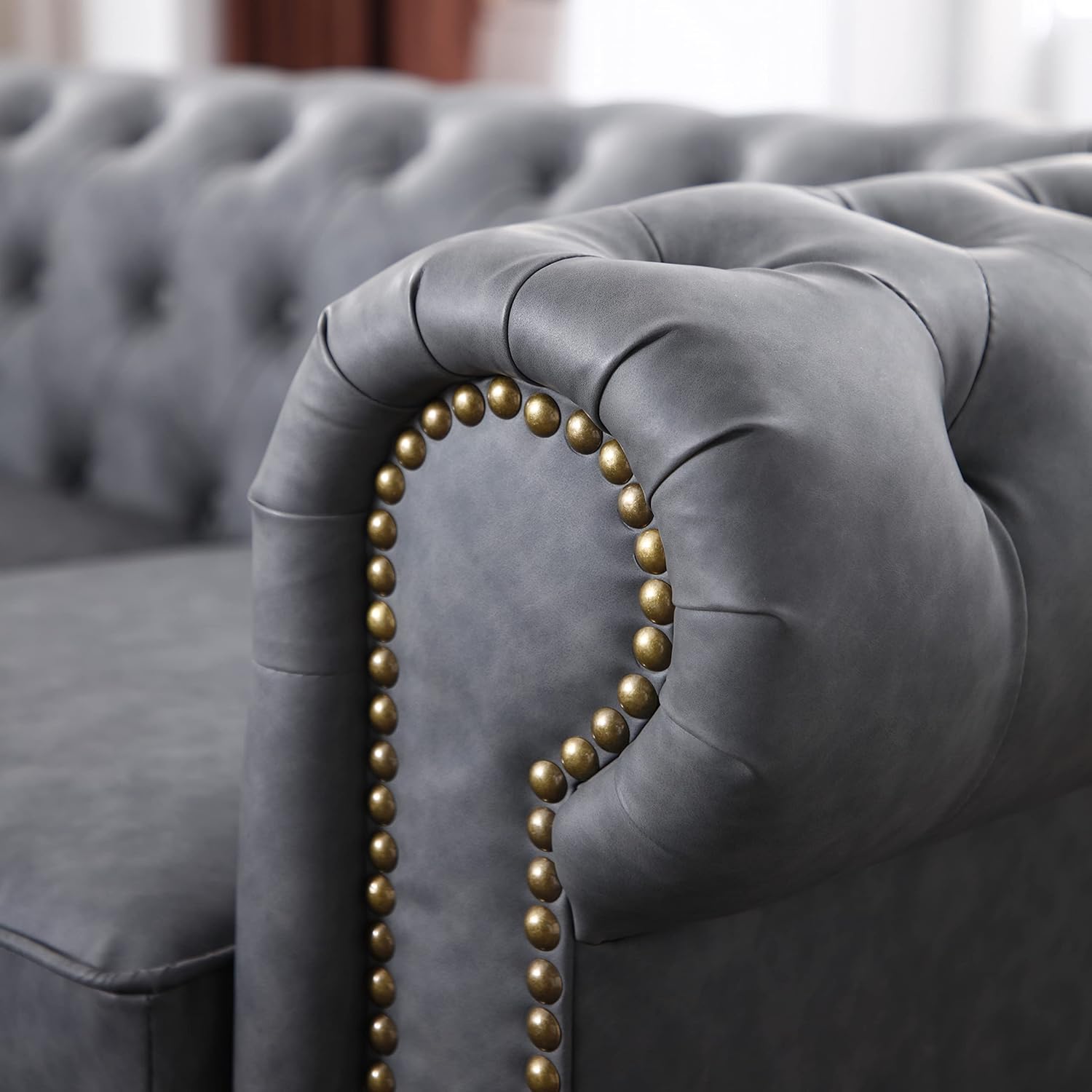 Classic Chesterfield Sofa Dark Grey Faux Leather N111