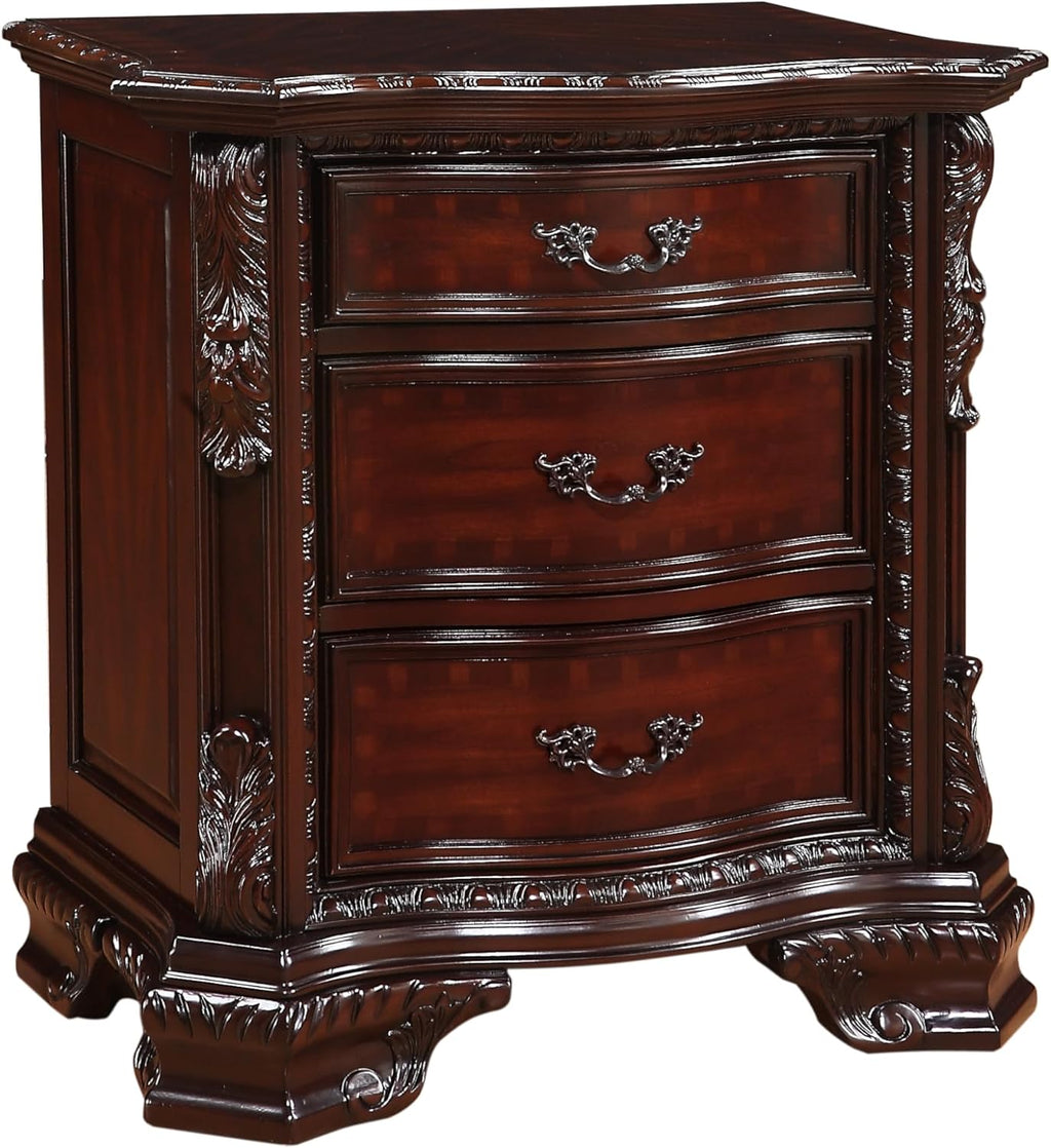 Traditional 3pc King Size Faux Leather Panel Bed with 2 Nightstands Cherry Finish C718221