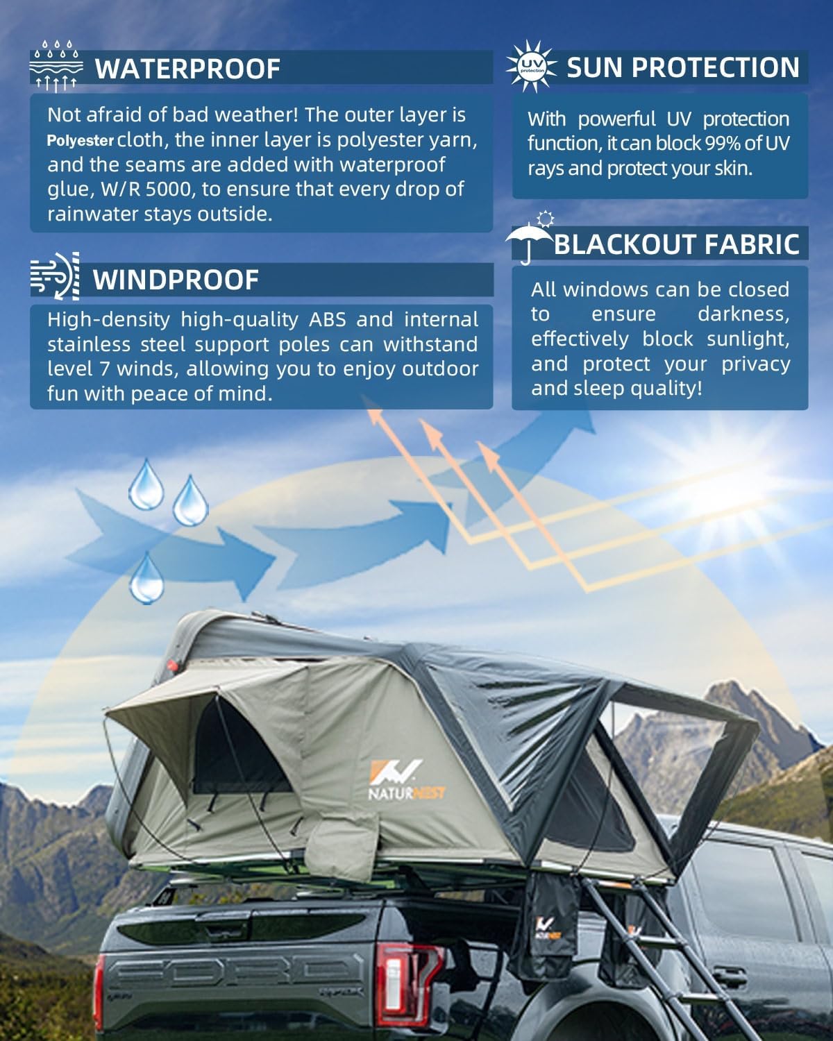 Naturnest Rooftop Tent Hard Shell with 2 Chairs for SUV Truck Van M286299