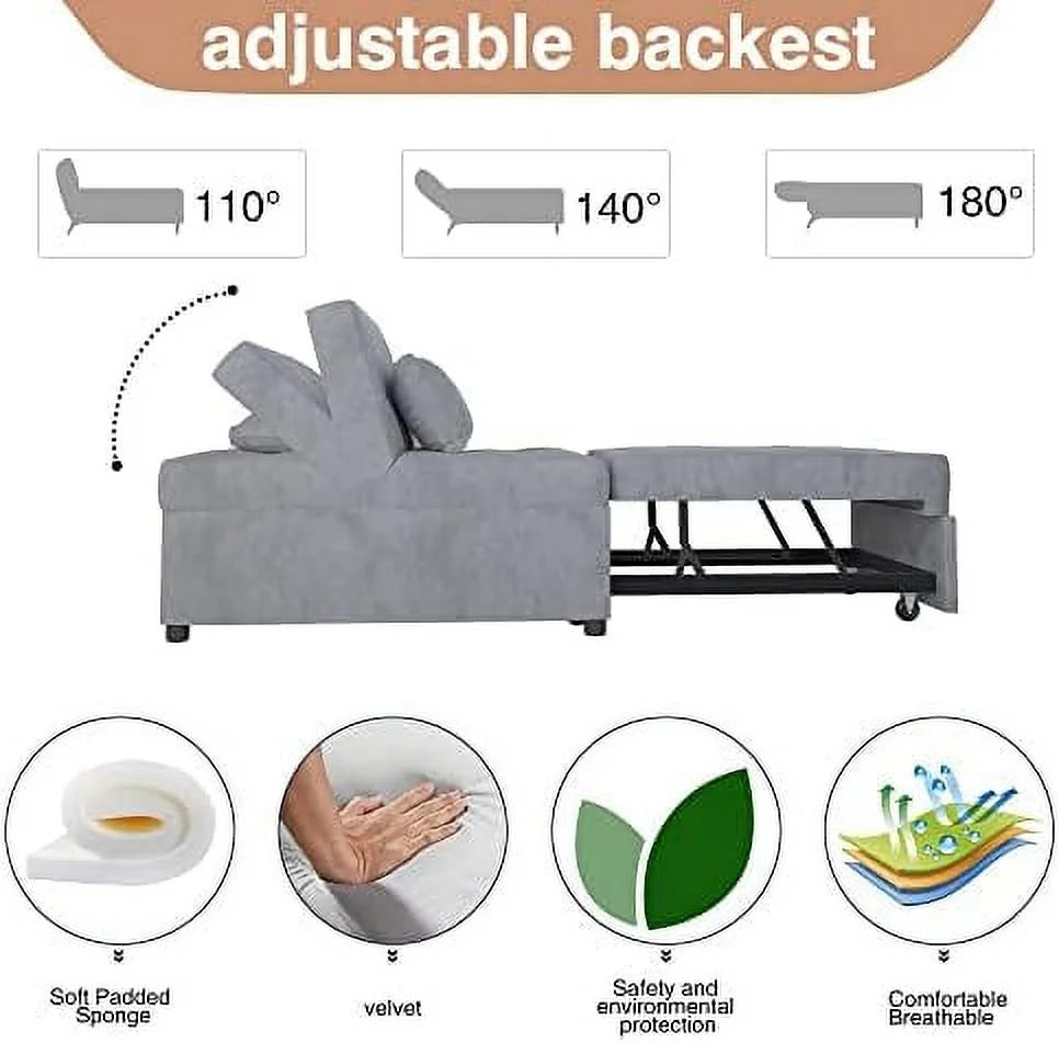 TJUNBOLIFE Velvet Convertible Sofa Bed 4-in-1 Folding Ottoman Lounge Chair F10104