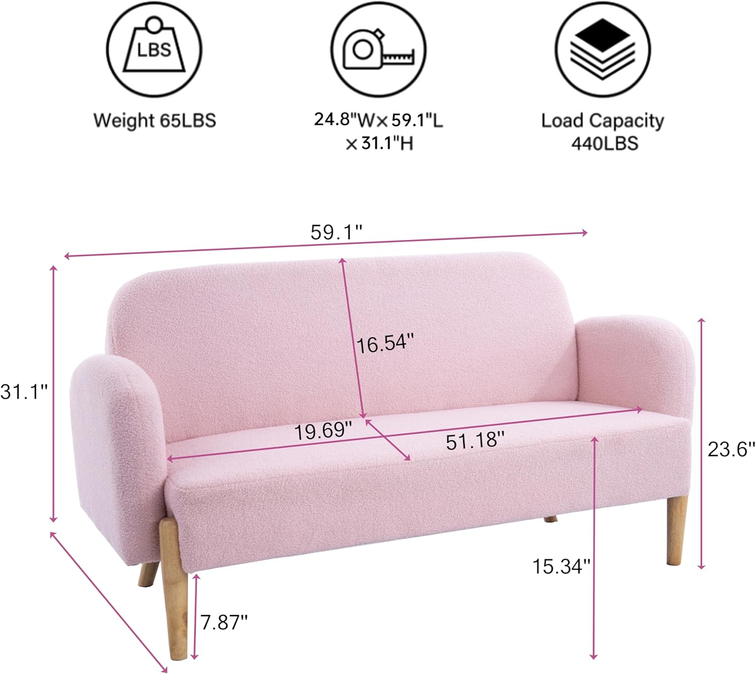 Mid Century Modern Teddy Velvet Sofa Loveseat with 3 Lumbar Pillows, Pink G54785