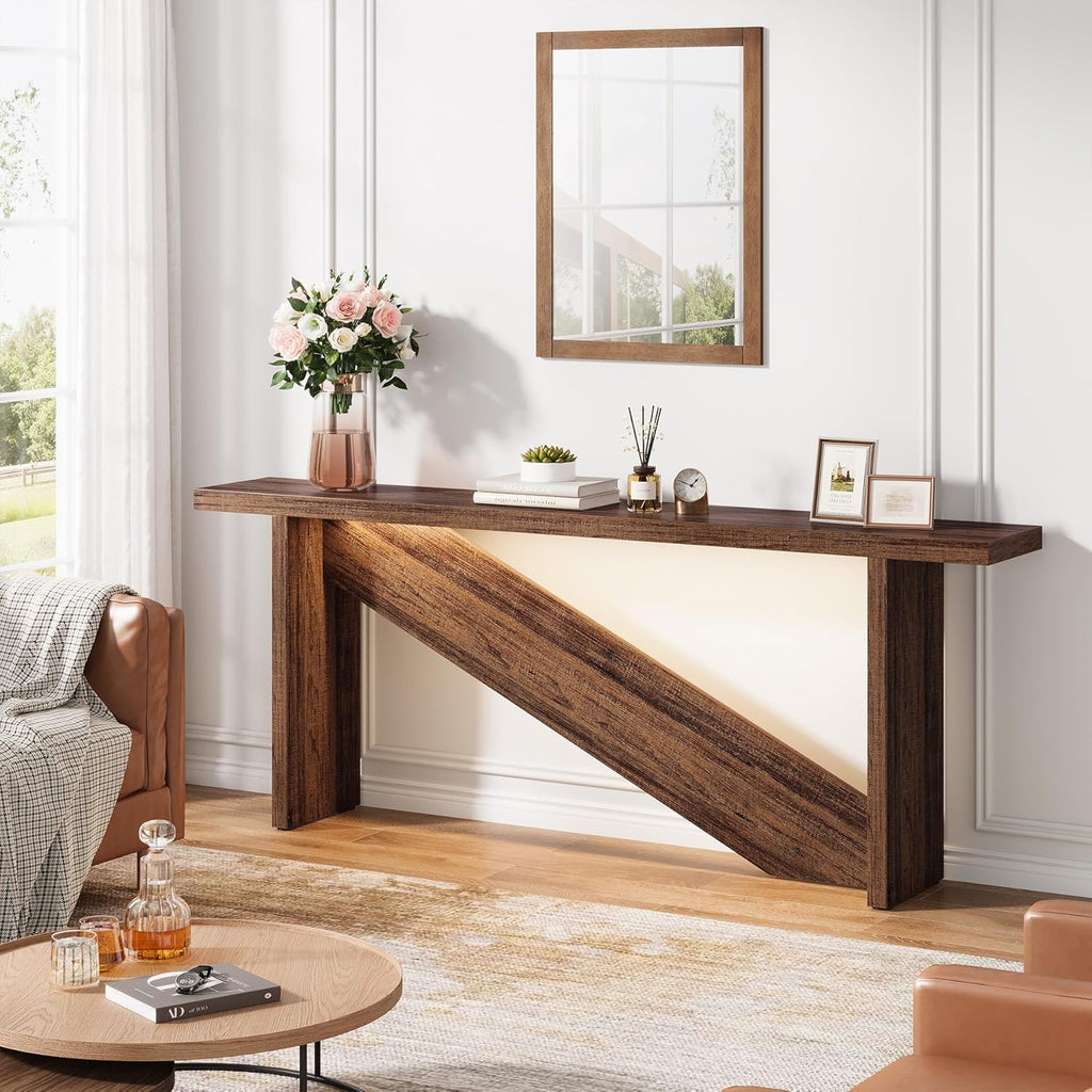 Console Table with LED Lights, 70.86" Narrow Wood Entryway Table, Rustic Brown I540