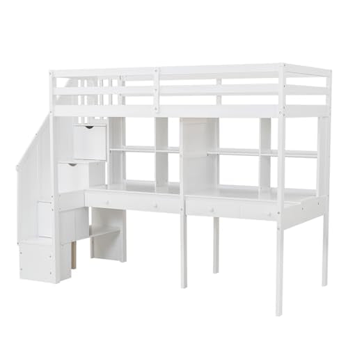 Harper & Bright Designs Twin Size Loft Bed with Stairs and Desks, White A4887