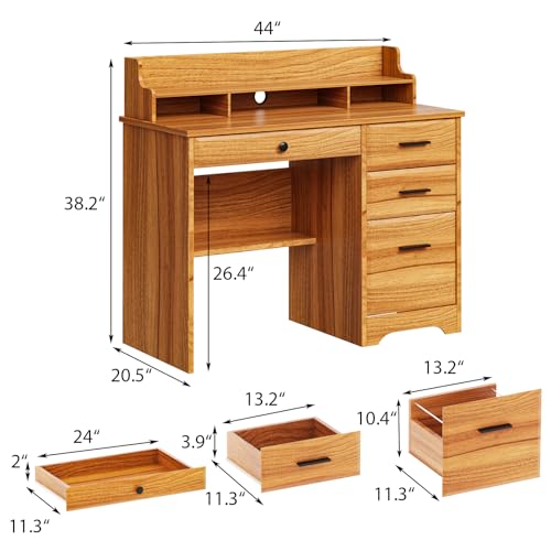 4 EVER WINNER Computer Desk with Storage Drawers and Hutch, 44 Inch White W8153