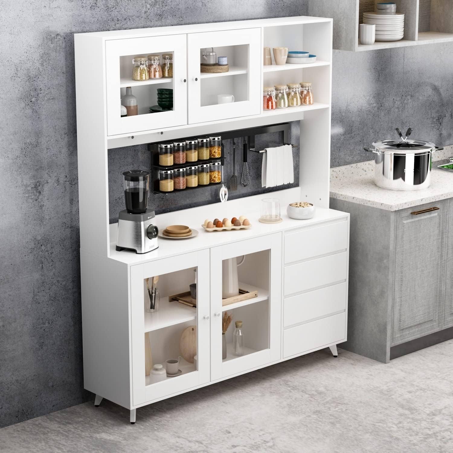 Buffet with Hutch, Freestanding Kitchen Pantry Oak/White J252