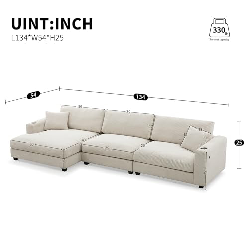 PURLOVE Oversized Corduroy Sectional Sofa with USB Port and Cup Holder Y613870