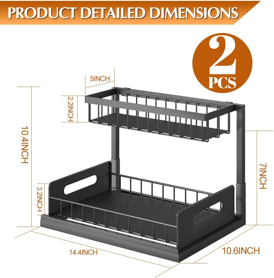 2 Pack Under Sink Organizers, Metal Slide Out Cabinet Shelf with Sliding Drawer Q31683