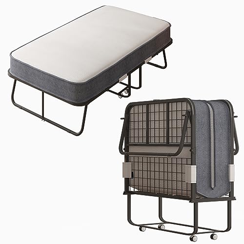 BALUS Folding Bed with Mattress for Adults, 75 ''L X 46''W Rollaway Bed with 5''Memory Foam Mattress, Foldable Bed Frame Portable Guest Bed Space Saving(Standard)