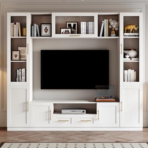 Entertainment Wall Unit, 4-Piece Large TV Stand Wall Unit Entertainment Center with Bookshelves & Storage, Wall Media Center with Shelves for TVs Up to 70", Media Console for Living Room, White