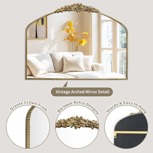 Antique Gold Arch Wall Mirror 48"x30" with Ornate Metal Frame X73569