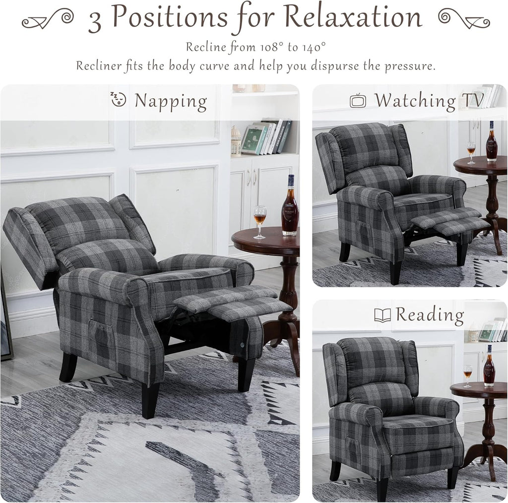 Modern Upholstered Recliner Chair with Footrest, Grey Check I198