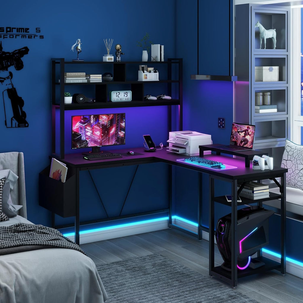 L Shaped Computer Desk with LED Lights and Power Outlets X615315
