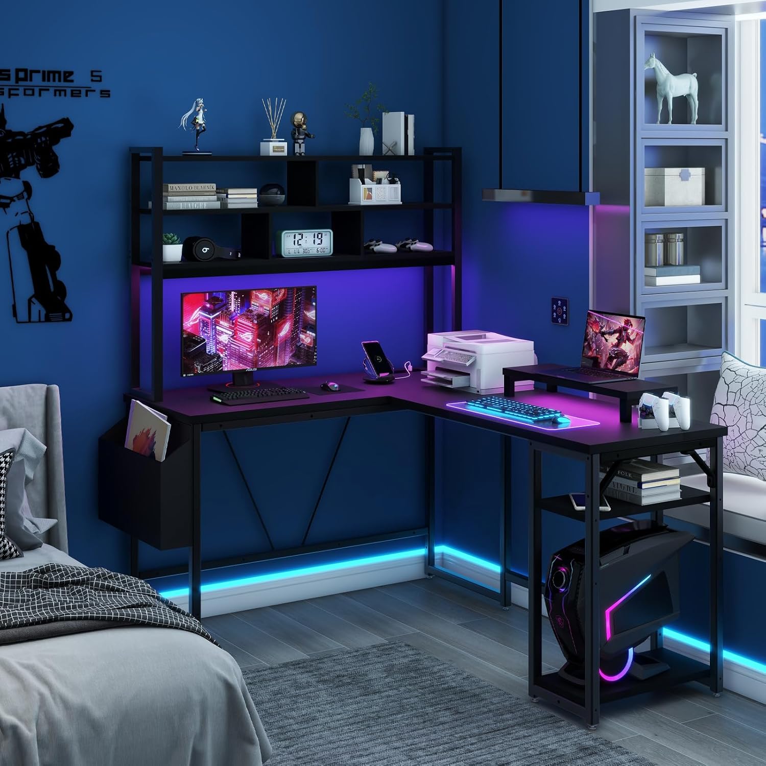 L Shaped Computer Desk with LED Lights and Power Outlets X615315