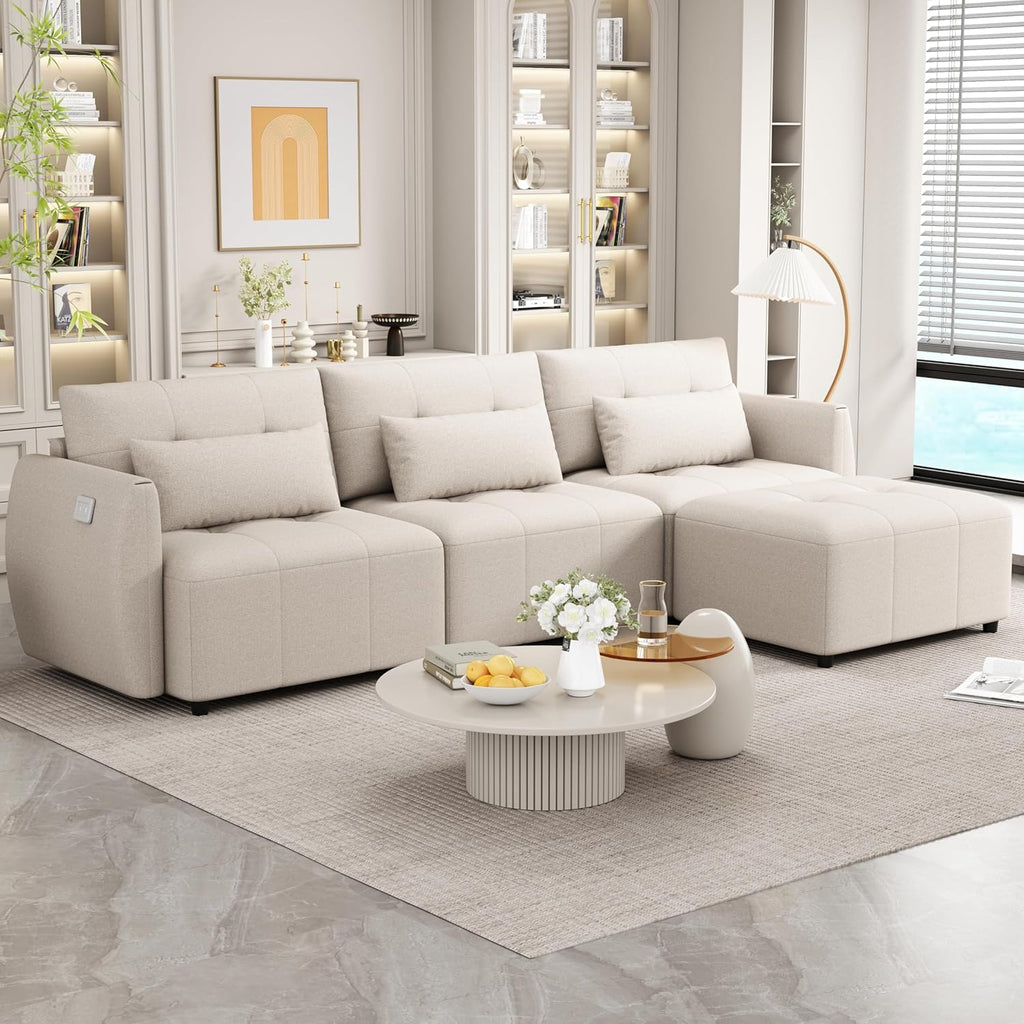 Living Room Furniture Sets, Oversized 114" Convertible Sectional Sofa,5-Seat L-Shaped Couch with Movable Ottoman and USB,Extra Comfy Upholstered Cloud for Large Space Apartment Office, Beige