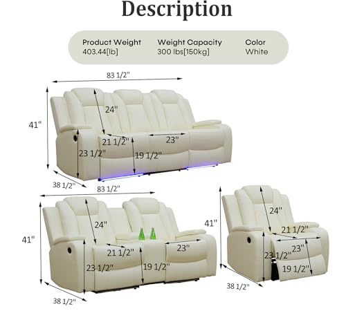 Leather Recliner Sofa Set with LED Lights, USB Port, Black, 3 Piece O741