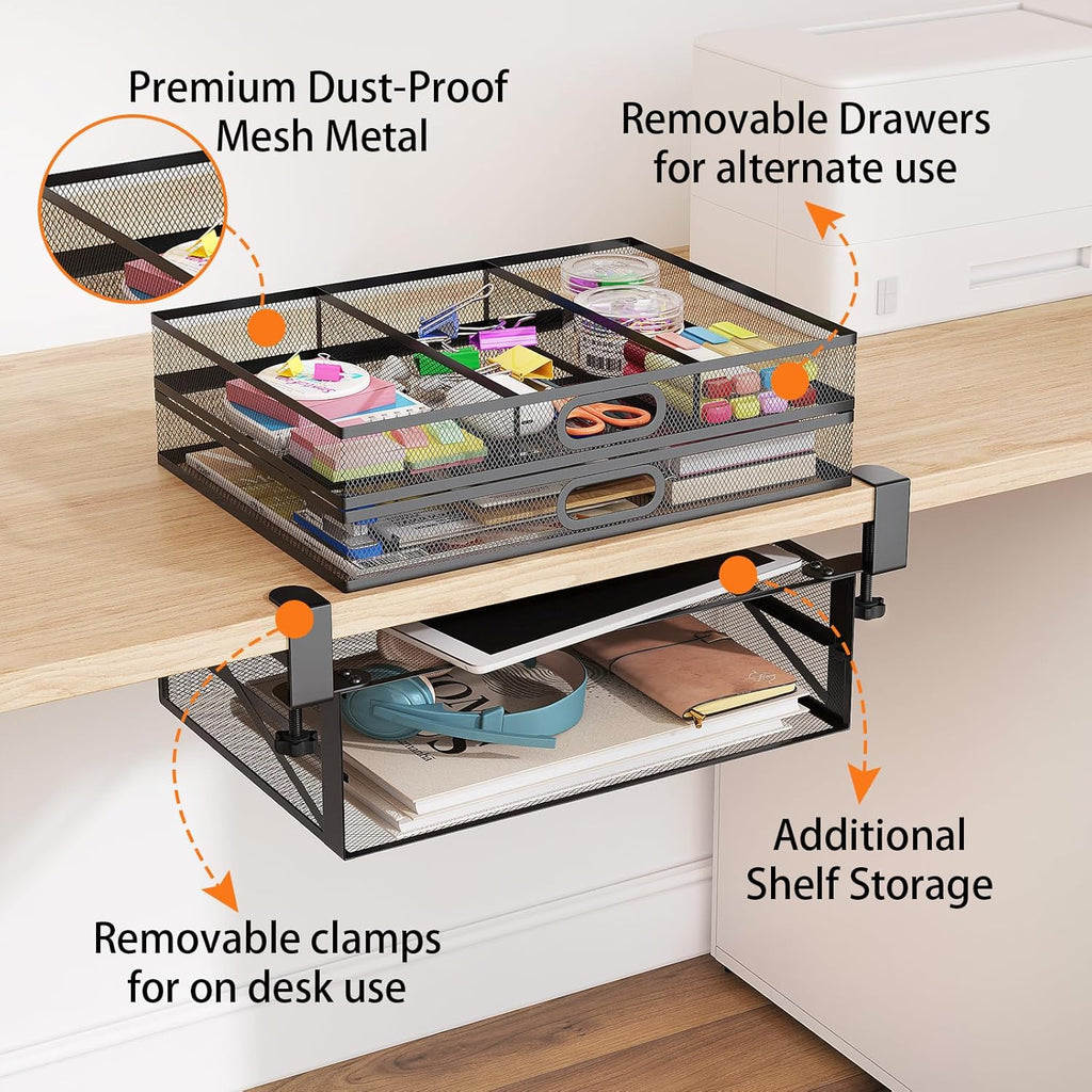 Under Desk Drawer Organizer No Drilling Metal 2 Drawer Slide Out Clamp On Z48397