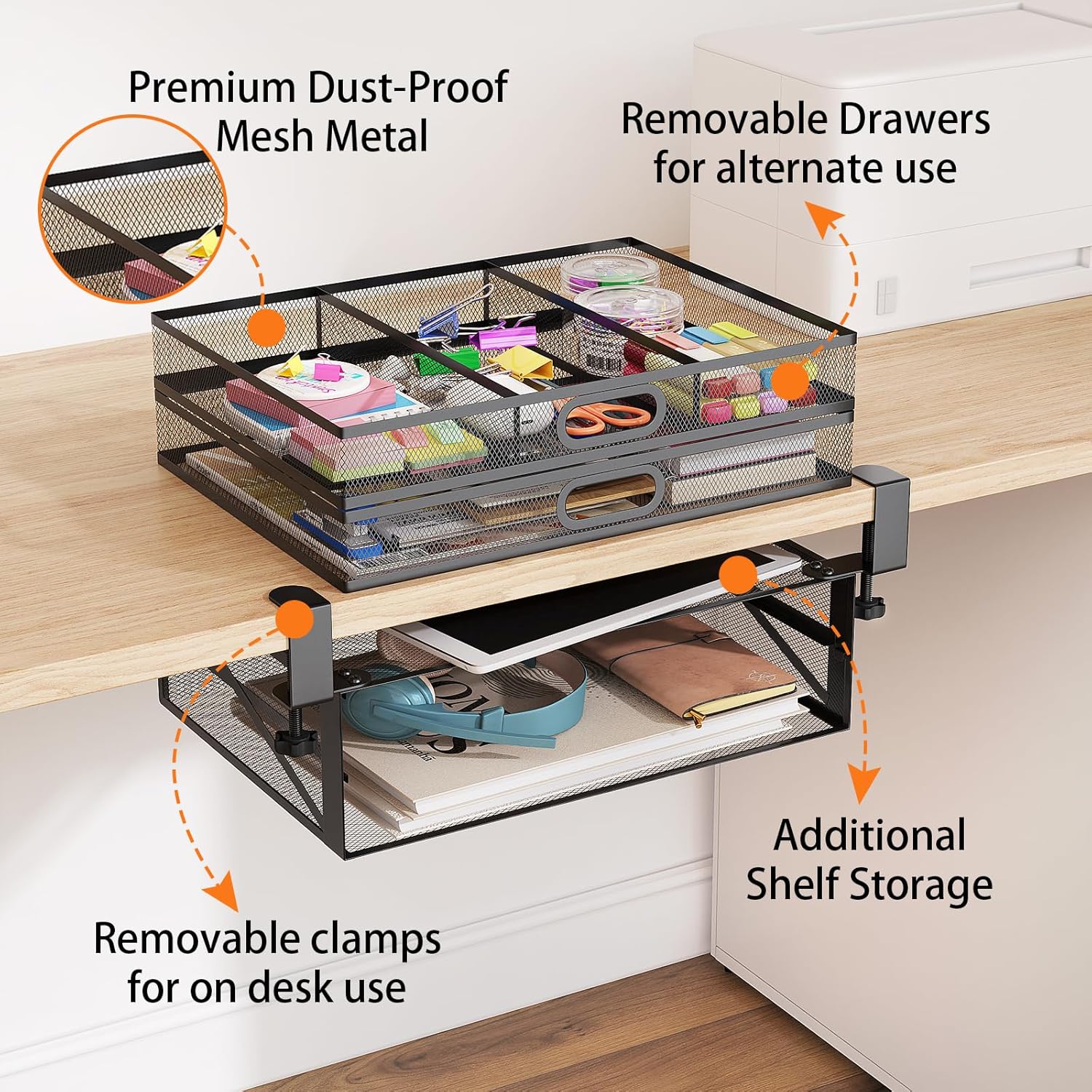 Under Desk Drawer Organizer No Drilling Metal 2 Drawer Slide Out Clamp On Z48397
