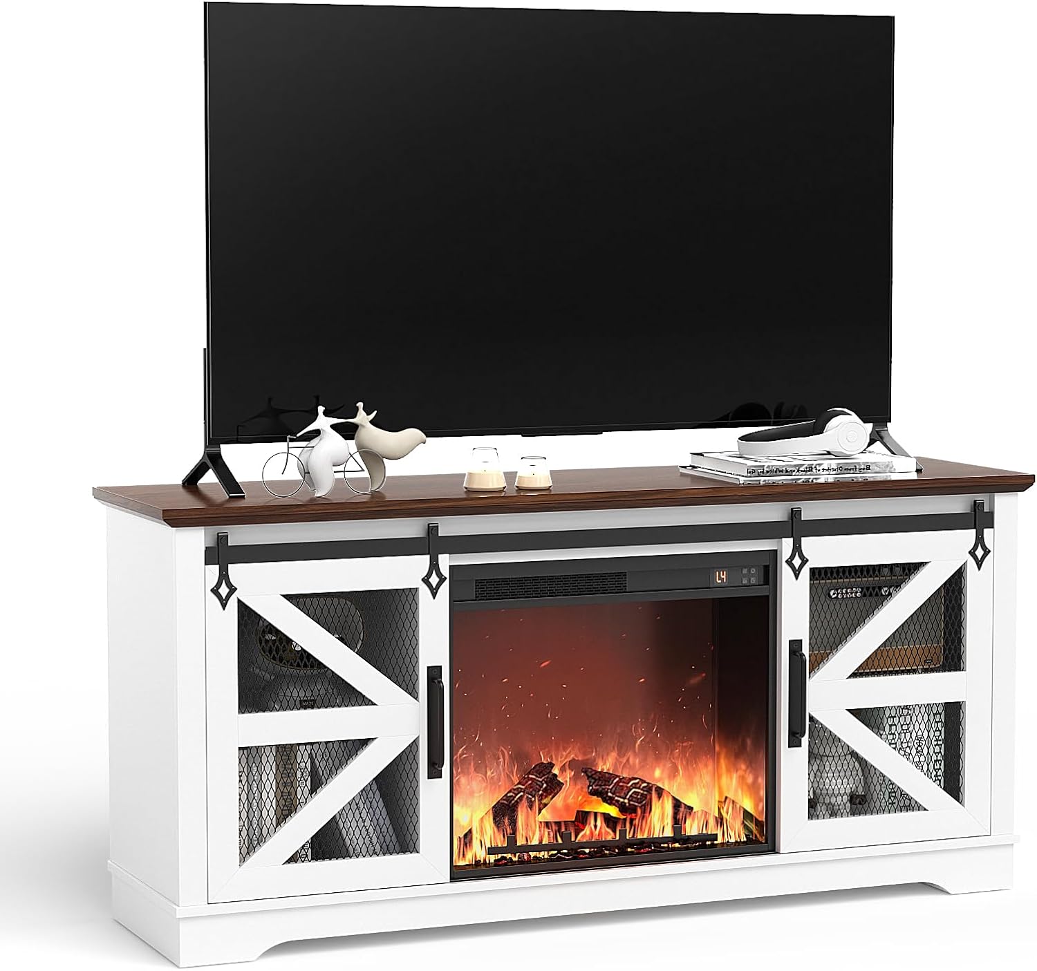 VOWNER Fireplace TV Stand for 65 Inch TV, Farmhouse Media Console with Electric Fireplace Heater, White M9174