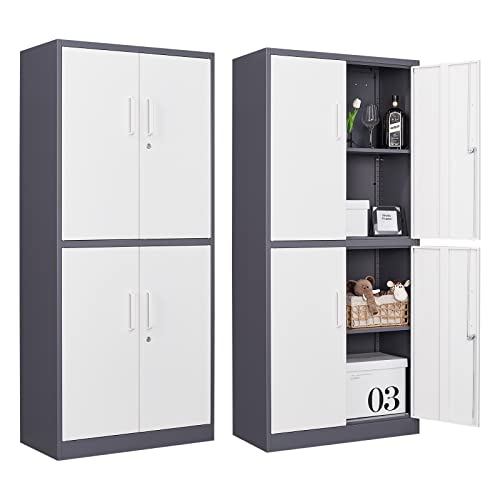 Metal Garage Cabinets, 72" Tall Locking Storage Cabinets with 2 Doors and 5 Adjustable Shelves, Steel Utility Tool Cabinet, Black Lockable Outdoor Storage Cabinet for Pantry, Garage, Home Office