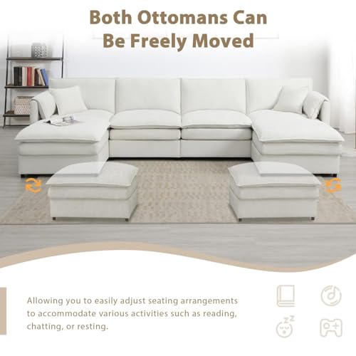 Modular U-Shaped Sectional Sofa with 2 Ottoman, Chenille, Cream F2854