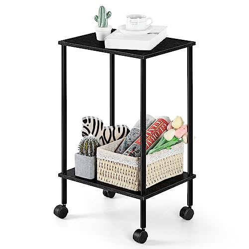 Vrisa End Table Set of 2 with Wheels, 2-Tier Narrow Side Table for Small Spaces, Black T3794